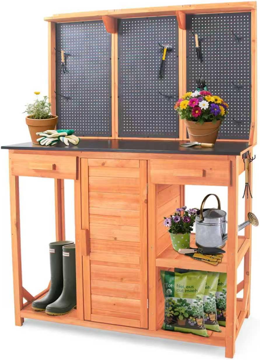 Outdoor Potting Bench, Black, 44 * 20 * 63in | Wooden with Metal Tabletop, Drawer Included, Matching Storage Cabinet, Shelf/Hooks Included