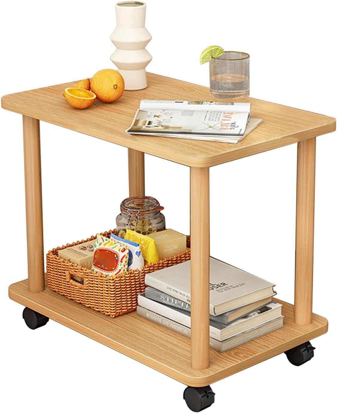 Rolling End Table with Wheels - 2-Tier Wood Side Small Printer Stand with 360° Swivel Casters, Mobile Nightstand & Sofa Table for Living Room, Bedroom, Office