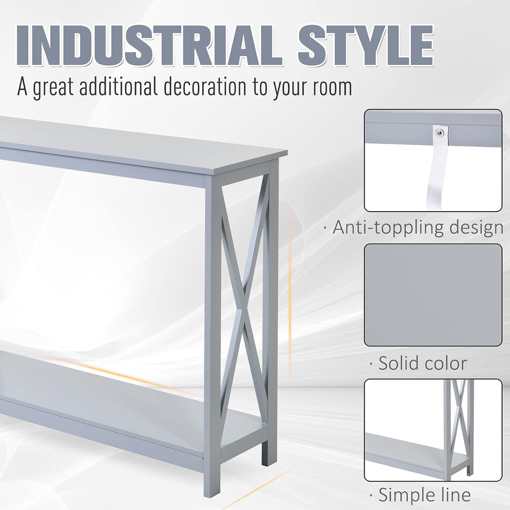 2 Tier Console Table, Sofa Side Table with Storage Shelf, X for Entryway, Living Room, and Hallway, Grey