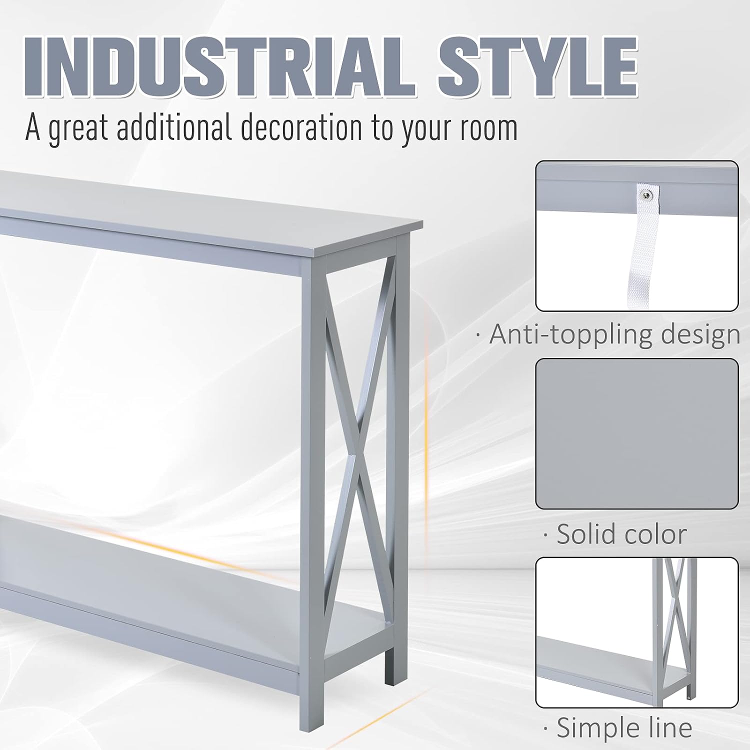 2 Tier Console Table, Sofa Side Table with Storage Shelf, X for Entryway, Living Room, and Hallway, Grey