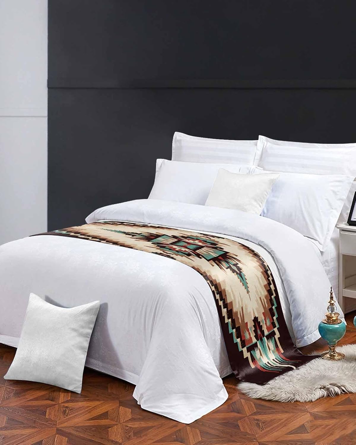 Abstract Aztec Bed Runner Scarf King Size,Southwest Geometric Retro Native American Luxury Bed Throw Runners & Scarves for Twin Full Queen King Foot of Bed Bedroom Hotel Wedding Decoration,94"x20"
