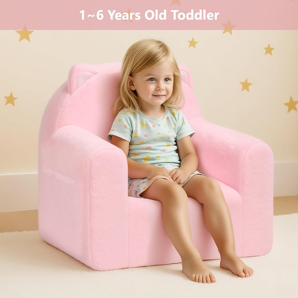 MONKISS Comfy Toddler Chair, Cute Toddler Foam Couch, High Back Kids Reading Armchairs, Birthday Gifts for Boys and Girls, 1-6 Years Old, Pink Cat