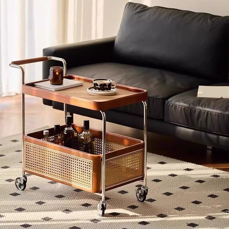 Sofa Side Table Side Table Second-Hand Trolley Wood Rattan Living Room Mobile Storage Rack Double Layer with Wheels Dining Sideboard Home End Table for Couch