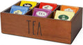 LBEMEY Tea Bag Organizer,Acacia Wood Tea Storage Containers with 6 Compartments, Sugar Packet Holder,Tea Bag Caddy Box for Cabinet Countertop Office (Brown- Labeled "TEA")
