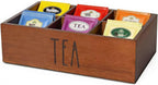 LBEMEY Tea Bag Organizer,Acacia Wood Tea Storage Containers with 6 Compartments, Sugar Packet Holder,Tea Bag Caddy Box for Cabinet Countertop Office (Brown- Labeled "TEA")