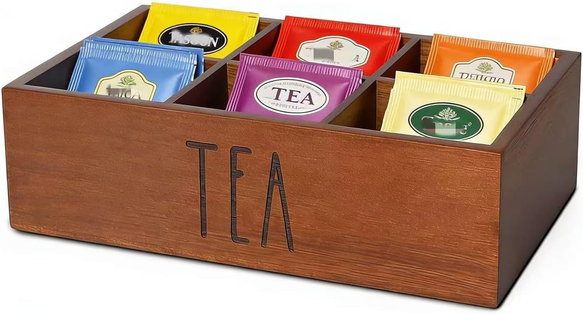 LBEMEY Tea Bag Organizer,Acacia Wood Tea Storage Containers with 6 Compartments, Sugar Packet Holder,Tea Bag Caddy Box for Cabinet Countertop Office (Brown- Labeled "TEA")