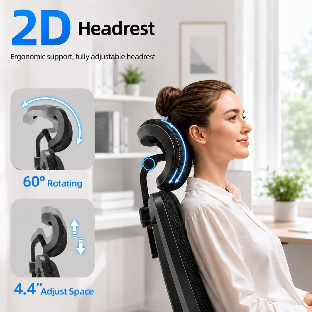 Ergonomic Office Chair, Breathable Mesh Back and Seat, High Back Desk Chair with Adjustable Lumbar Support, 5D Armrests, 135° Reclining Backrest, 2D Headrest, Home Office Computer Chair