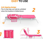 VINGLI Tanning Chair, Beach Lounge Chair with Face Hole, Lounge Chair Outdoor, Height-Adjustable Tanning Lounger, Anti-Tip Design, Carrying Bag, 475lbs, Pink