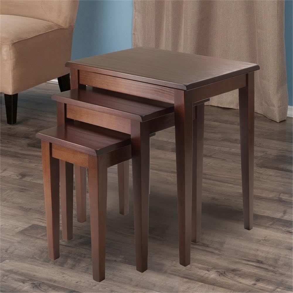 Pemberly Row 3-Piece Solid Wood Nesting Tables, Antique Walnut Finish, Stackable Design, Includes Small, Medium, Large Sizes, Transitional Style for Living Room or Home Office Use