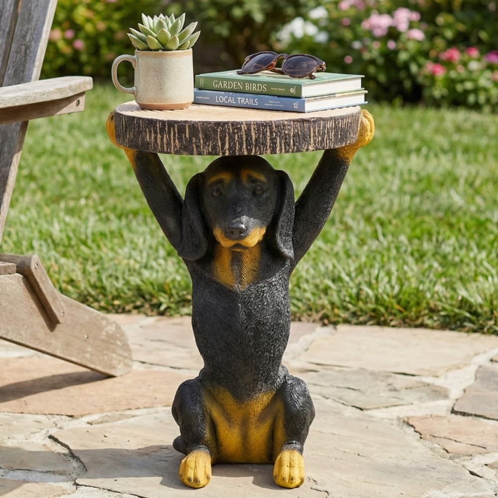 Dog Side Table - 22.17 Inch Black Dog Statue Pedestal End Table with Faux Wood Grain Top, Hand Painted Accent Stool for Living Room Office Patio Garden Outdoor Decor