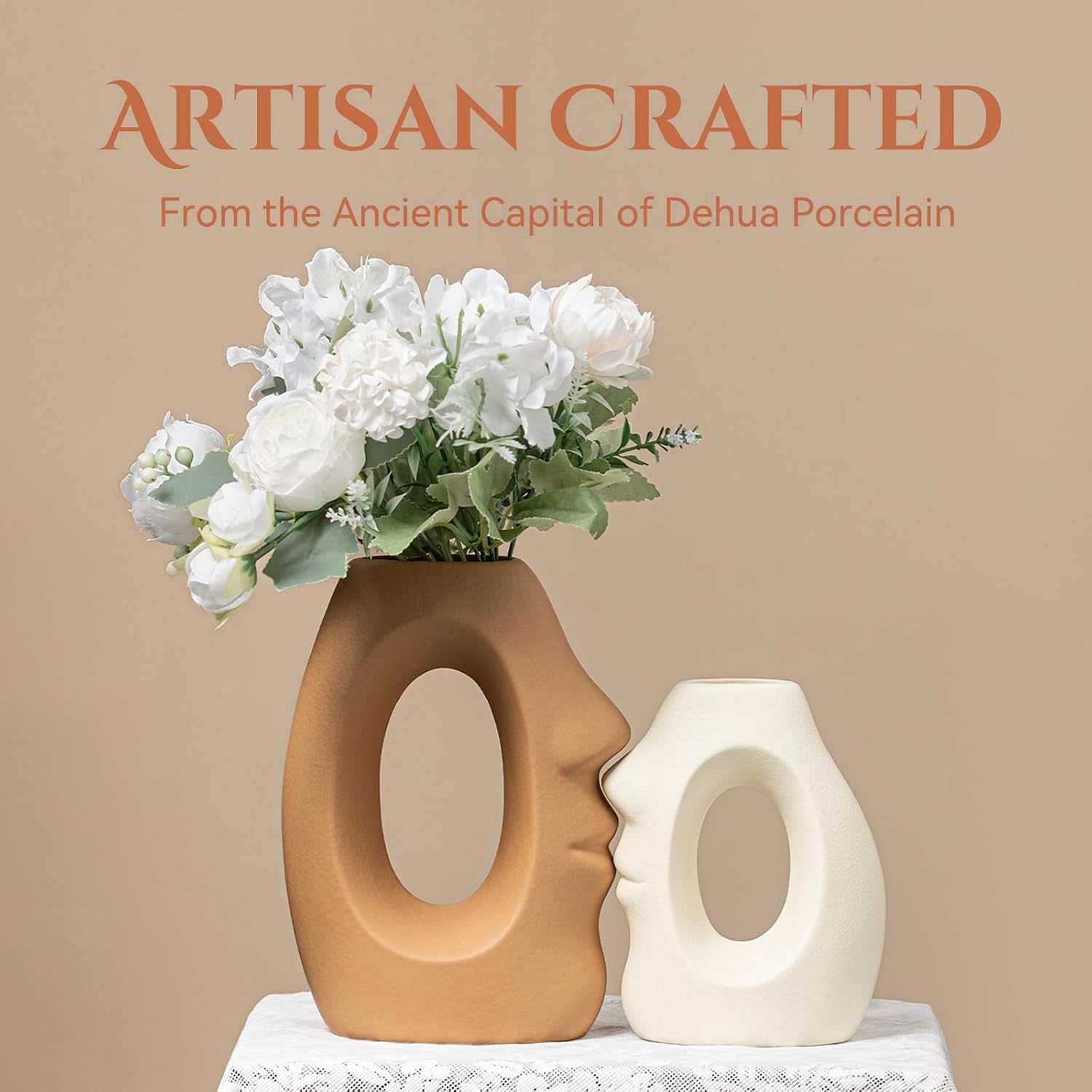 Beige & Brown Ceramic Vases for Home Decor, Modern Abstract Face Vase Set of 2, Unique Boho Flower Vases for Living Room, Office, Entryway, Wedding for Couple, Home Gifts for Friends