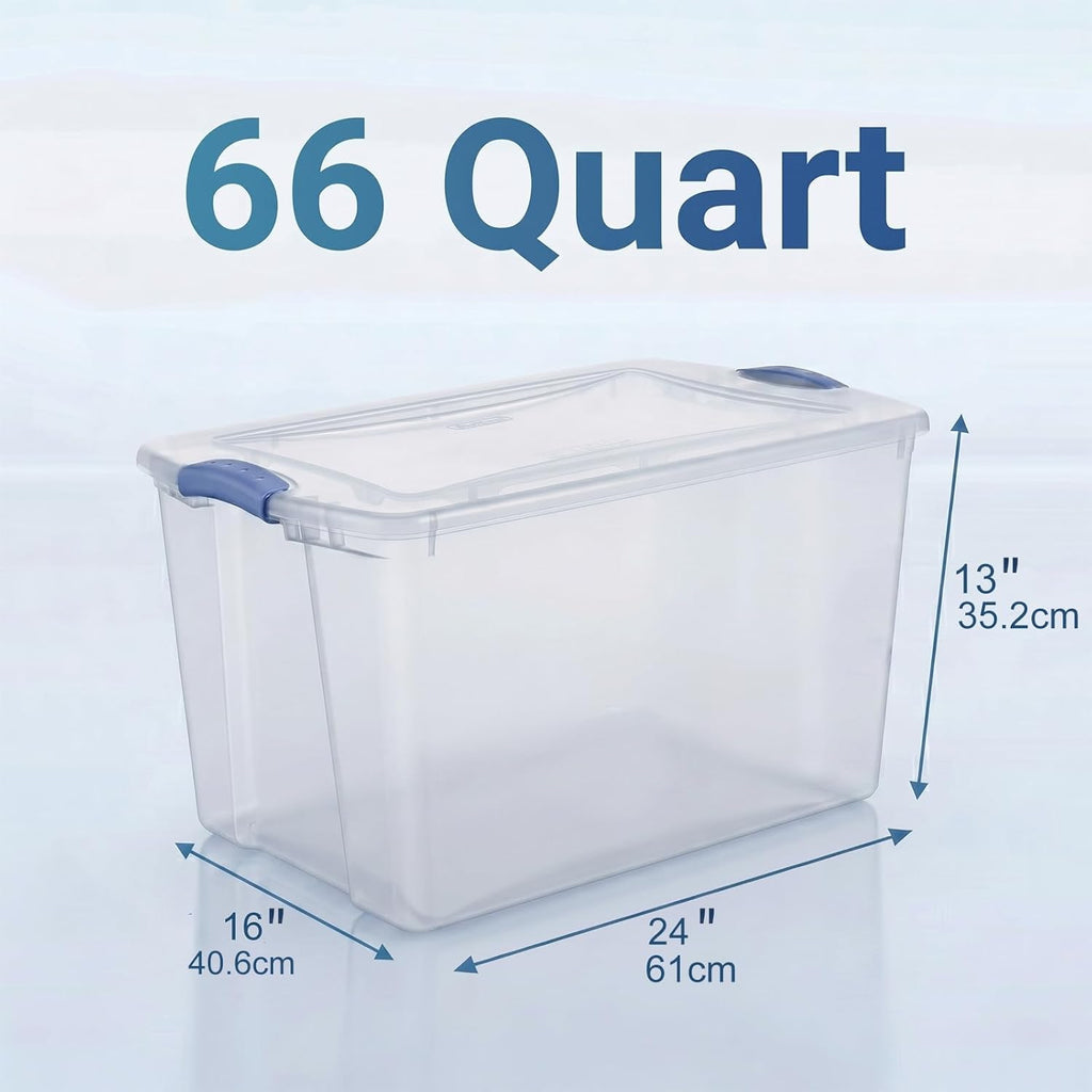 66 Quart Clear Plastic Storage Bins with Latching Lids, Large Stackable Container Boxes for Home, Closet, and Garage Organization, Blue Latch