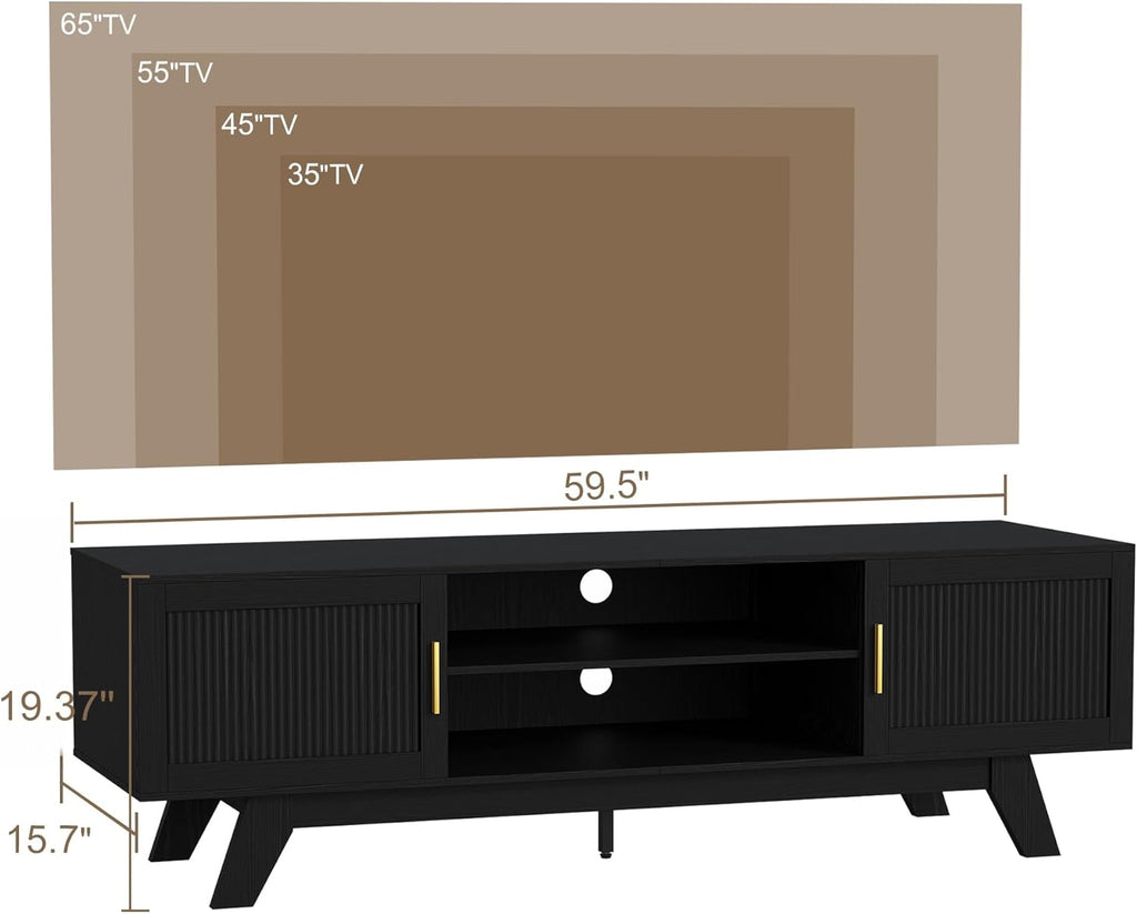 ChooChoo 59.5" Fluted TV Stands for 65 Inch TV, Mid Century Modern Entertainment Center with Storage and Adjustable Shelf, Long TV Console Media Table for Living Room, Bedroom, Black