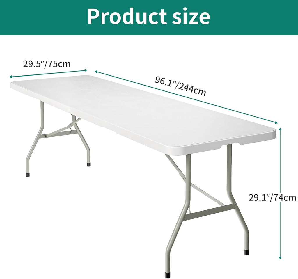 YITAHOME White Folding Table, Heavy Duty Rectangular Folding Table 8 Ft Long, Plastic Portable Table for Outdoor Indoor Banquet Party Wedding Event Dining Setup