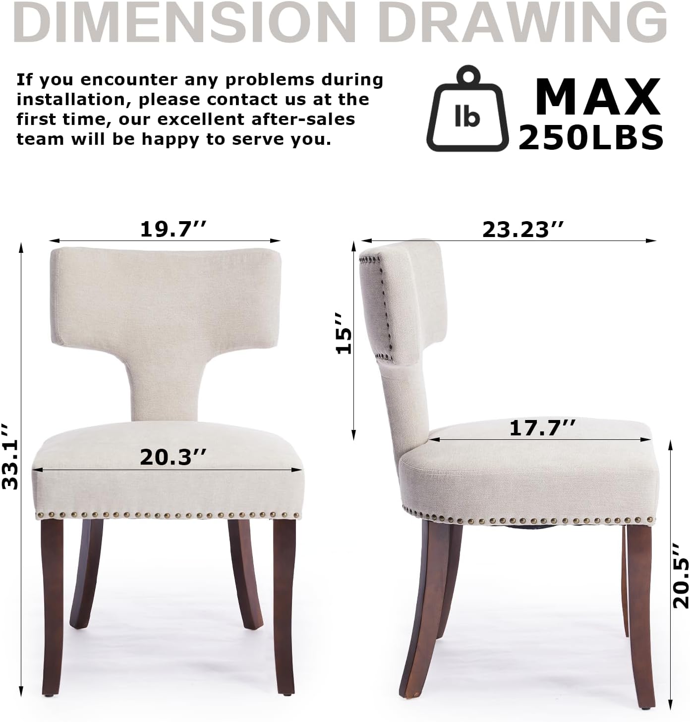 SoarFlash Modern Wooden Dining Chairs Set of 6, Farmhouse Linen Fabric Upholstered Accent Chair Curved Backrest with Copper Nails Around,Kitchen Chairs with Hardwood Frame, Beige