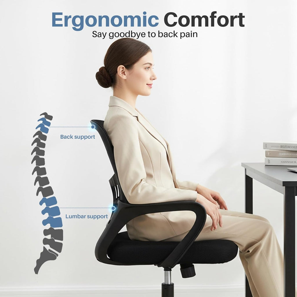 DUMOS Home Office Chair - Ergonomic Mid Back Mesh Desk Chair with Lumbar Support & Rocking Mode, Height Adjustable, Fixed Armrest, for Conference, Computer, 360° Swivel, Adults, Black