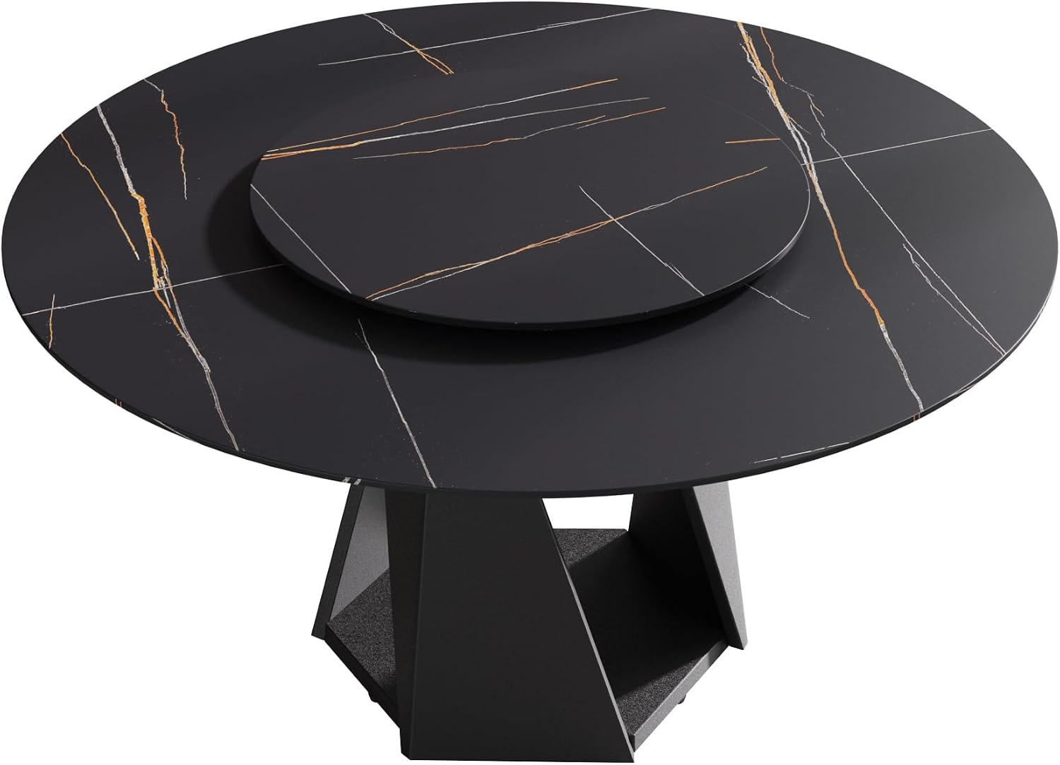 Montary 7 Piece Modern Dining Table Chairs Set of 6, Round 59" D Faux Marble Kitchen Table with Lazy Susan, Black Sintered Stone and Geometric Openwork Iron Dining Table with 6 Brown Chairs