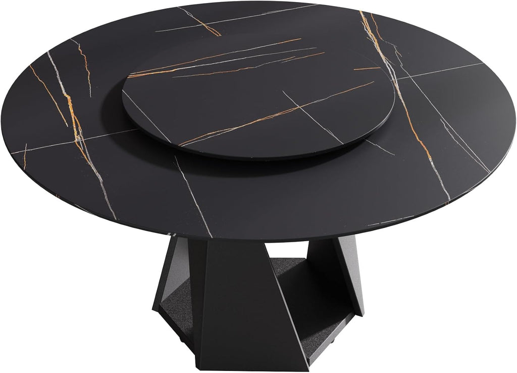 Montary 7 Piece Modern Dining Table Chairs Set of 6, Round 59" D Faux Marble Kitchen Table with Lazy Susan, Black Sintered Stone and Geometric Openwork Iron Dining Table with 6 Brown Chairs