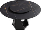 Montary 7 Piece Modern Dining Table Chairs Set of 6, Round 59" D Faux Marble Kitchen Table with Lazy Susan, Black Sintered Stone and Geometric Openwork Iron Dining Table with 6 Brown Chairs