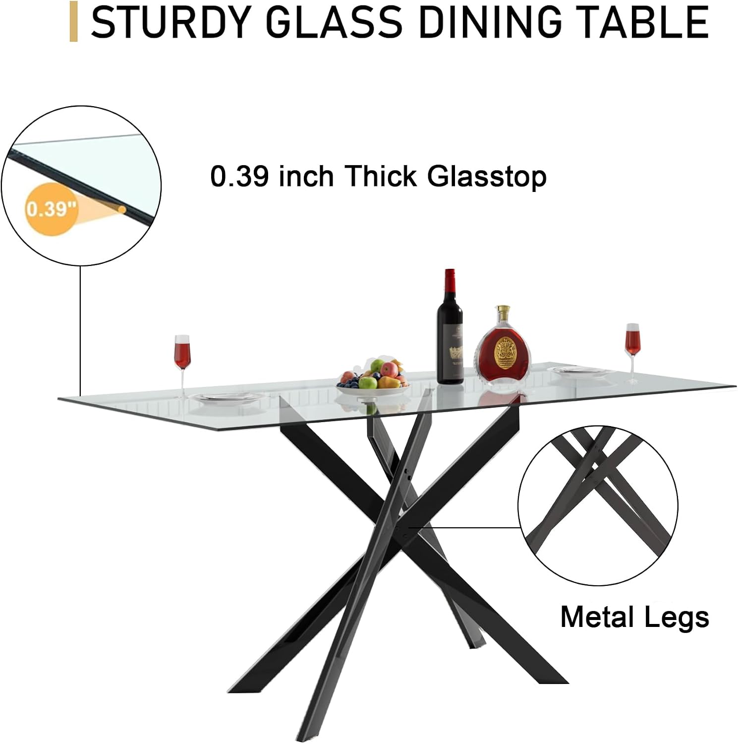 51 Inch Glass Dining Table Set for 4, Rectangular Tempered Glass Kitchen Table with Metal Base, Modern Black Dining Room Table with 4 Leather Dining Chairs for Kitchen Living Room