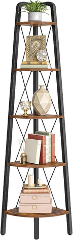 HOOBRO Corner Shelf, 5-Tier Corner Shelf Stand, 66.9" Tall Ladder Bookshelf, Industrial Corner Display Shelf Plant Stand for Living Room, Kitchen, Home Office, Rustic Brown BF145CJ01