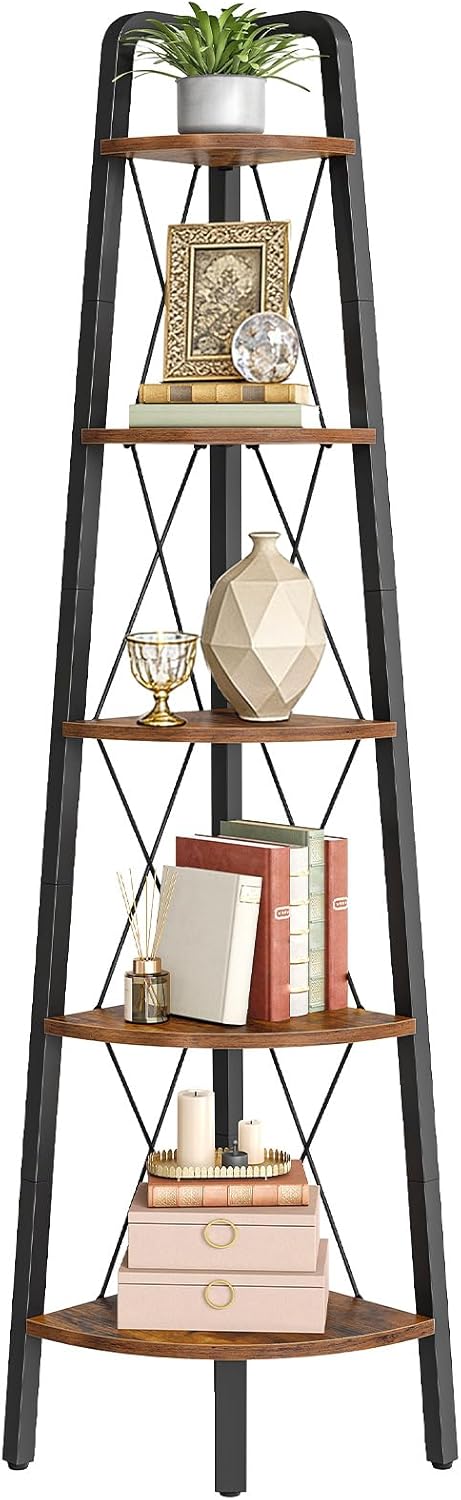 HOOBRO Corner Shelf, 5-Tier Corner Shelf Stand, 66.9" Tall Ladder Bookshelf, Industrial Corner Display Shelf Plant Stand for Living Room, Kitchen, Home Office, Rustic Brown BF145CJ01