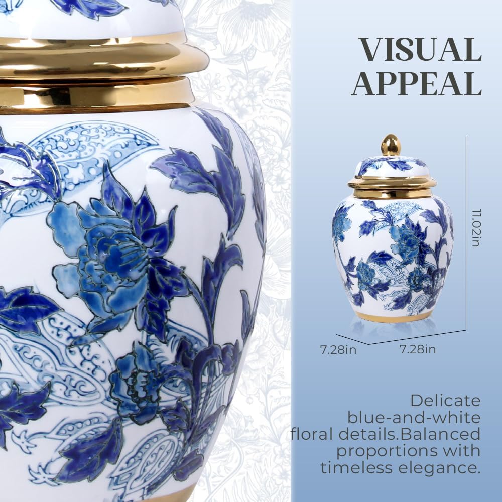 Blue and White Porcelain Vase with Gold Trim - Chinoiserie Style Ginger Jar for Vintage Home Decor, 11 Inches Tall