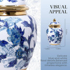 Blue and White Porcelain Vase with Gold Trim - Chinoiserie Style Ginger Jar for Vintage Home Decor, 11 Inches Tall