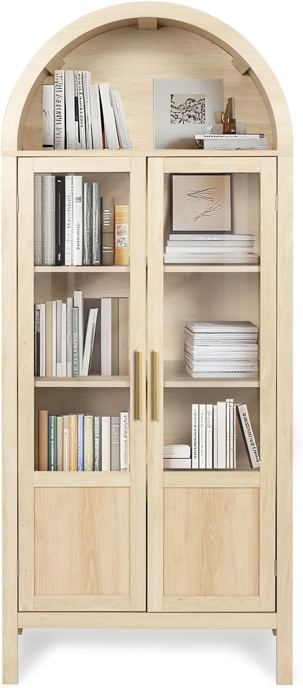Arched Storage Cabinet with 2 Doors and 5-Tier Shelves for Living Room, 71" Tall Wooden Pantry Cabinet for Dining Room and Kitchen, Floor Bathroom Organizer, Natural Wood Color