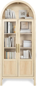 Arched Storage Cabinet with 2 Doors and 5-Tier Shelves for Living Room, 71" Tall Wooden Pantry Cabinet for Dining Room and Kitchen, Floor Bathroom Organizer, Natural Wood Color