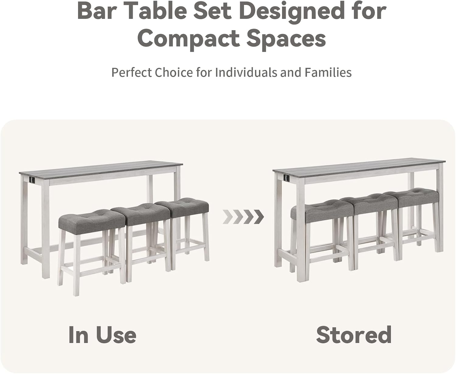 59" Dining Bar Table Set with Power Outlet, Behind Couch Sofa Table with 3 Padded Stools, 4 Piece Bar Table and Chairs Set for Living Room, Dining Room, Gray