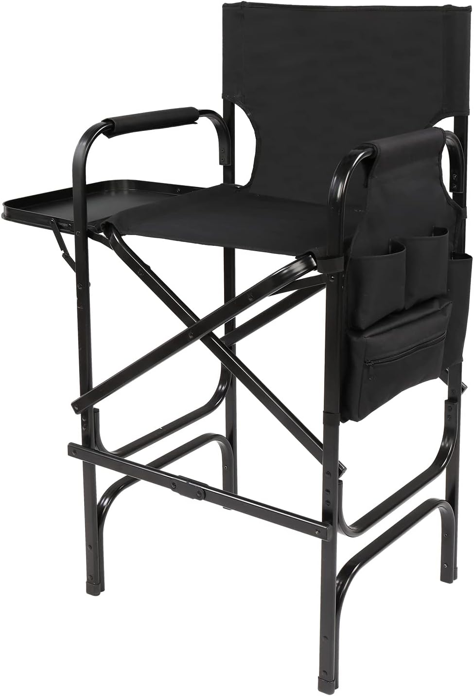 OmySalon 31" Tall Directors Chair Black Folding with Side Table Storage Bag,Aluminum Frame 300 lbs Capacity, 33.8" L x 19.2" W x 45.6" H,Portable Makeup Artist Bar Height