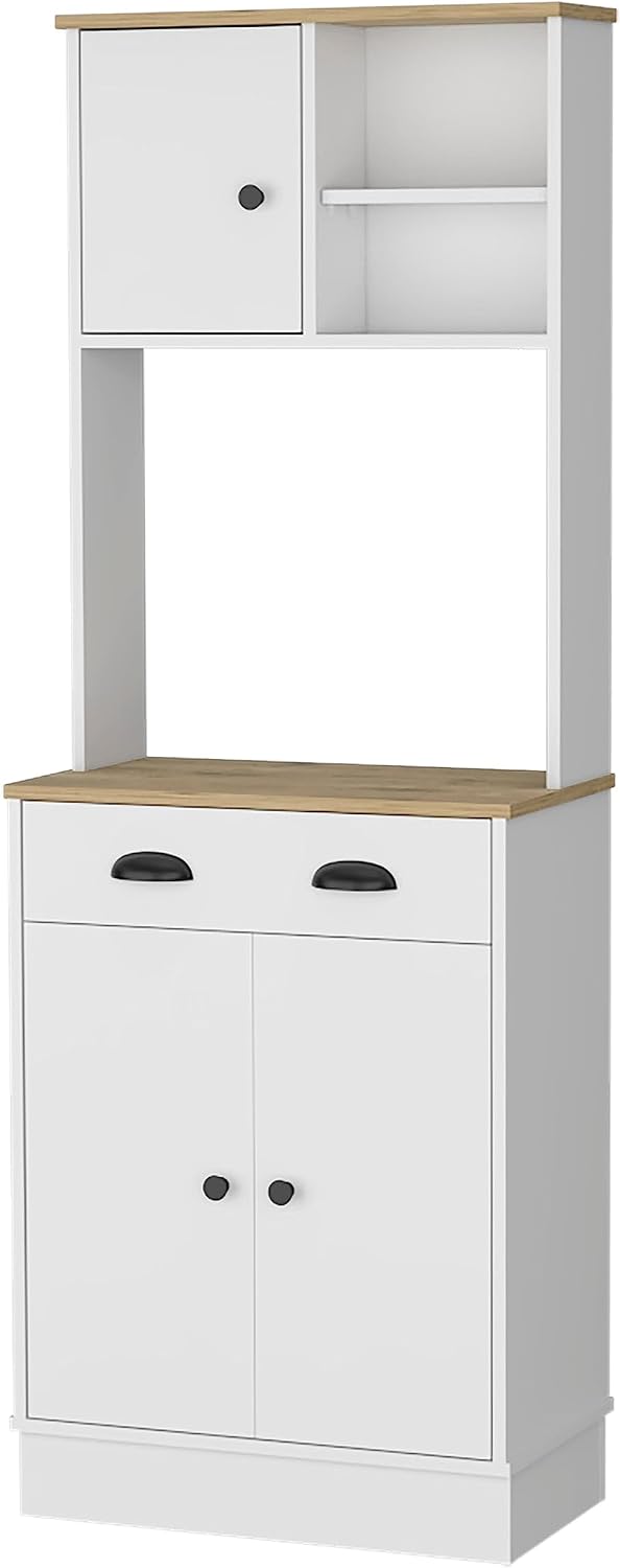 2-Door Cabinet Microwave Kitchen Pantry in White and Macadamia,Buffet Kitchen Sideboard,for Kitchen,Dining Room,13.78 * 23.62 * 66.54