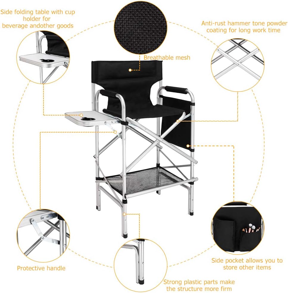mefeir 31" Tall Folding Directors Chair with Side Table Storage Bag,Portable Makeup Artist Bar Height, Aluminum Frame 300 lbs Capacity, 19.2" D x 23.6" W x 45.6" H