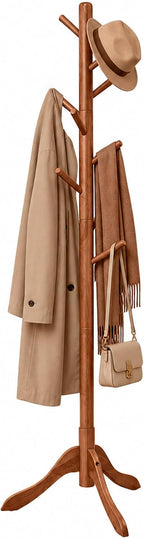 SONGMICS HOME Freestanding Coat Rack, Solid Wood, 8 Hooks, for Living Room, Bedroom, Home Office, 20.4 x 17.7 x 68.9 Inches, Dark Walnut