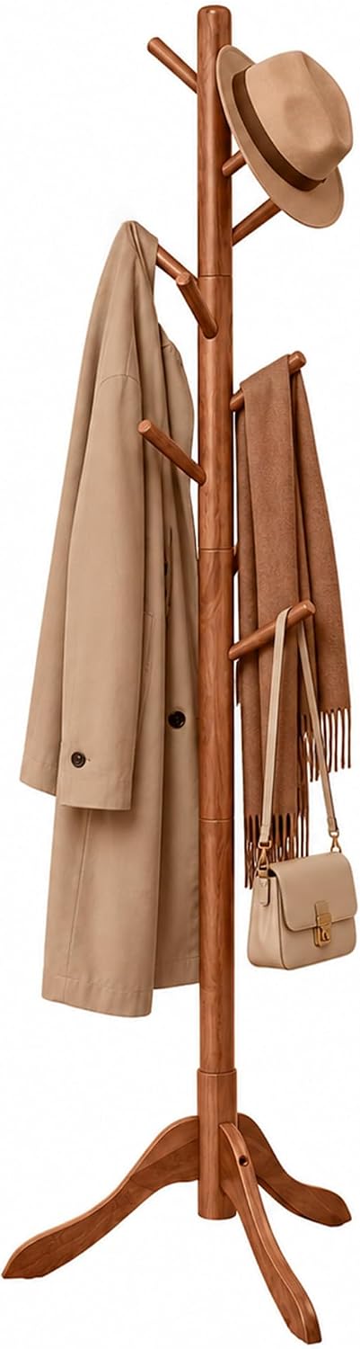SONGMICS HOME Freestanding Coat Rack, Solid Wood, 8 Hooks, for Living Room, Bedroom, Home Office, 20.4 x 17.7 x 68.9 Inches, Dark Walnut