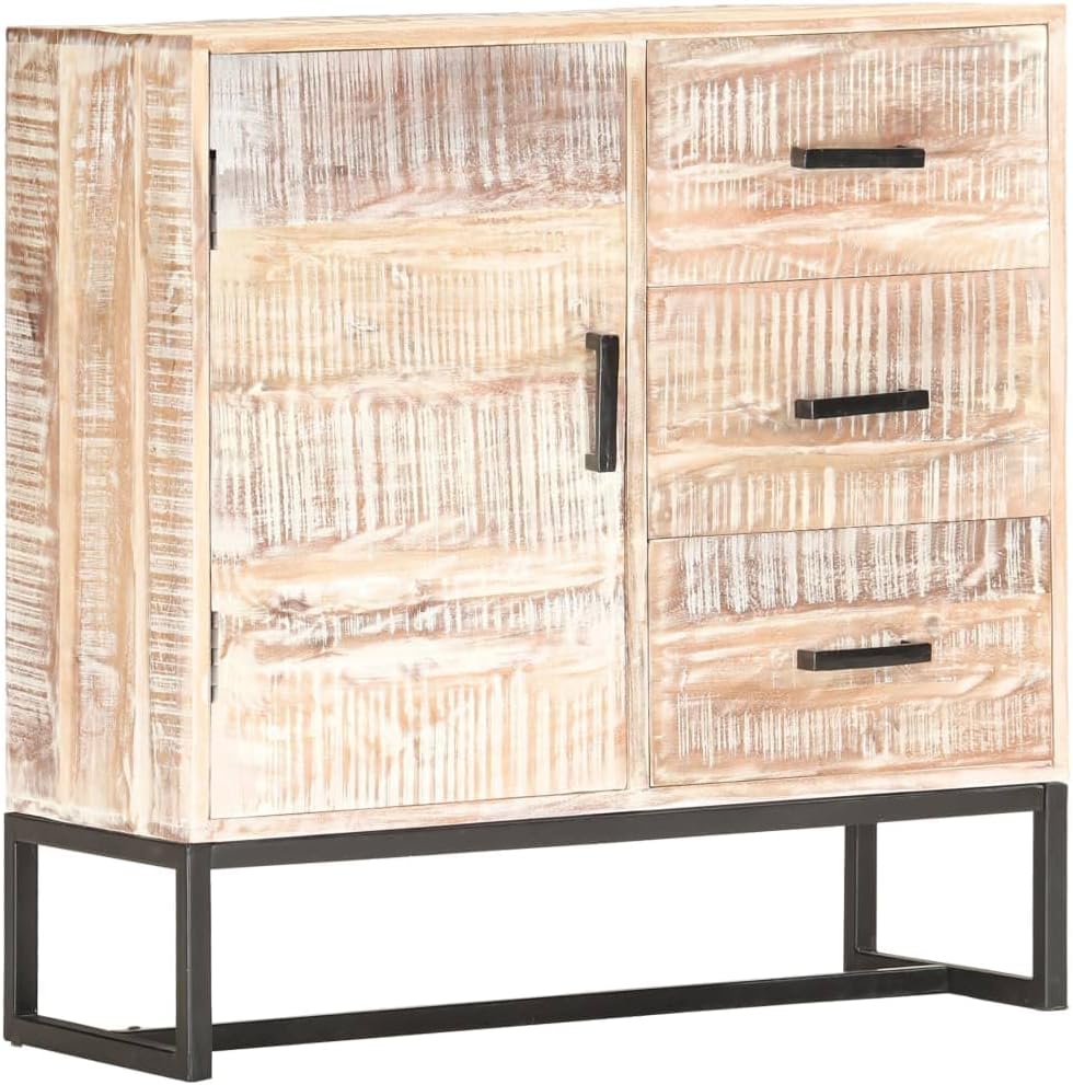 White Solid Acacia Wood Sideboard with Powder-Coated Steel Frame, 4 Storage Compartments for Living Room Dining Room Hallway Organization, Retro Style Furniture with Unique