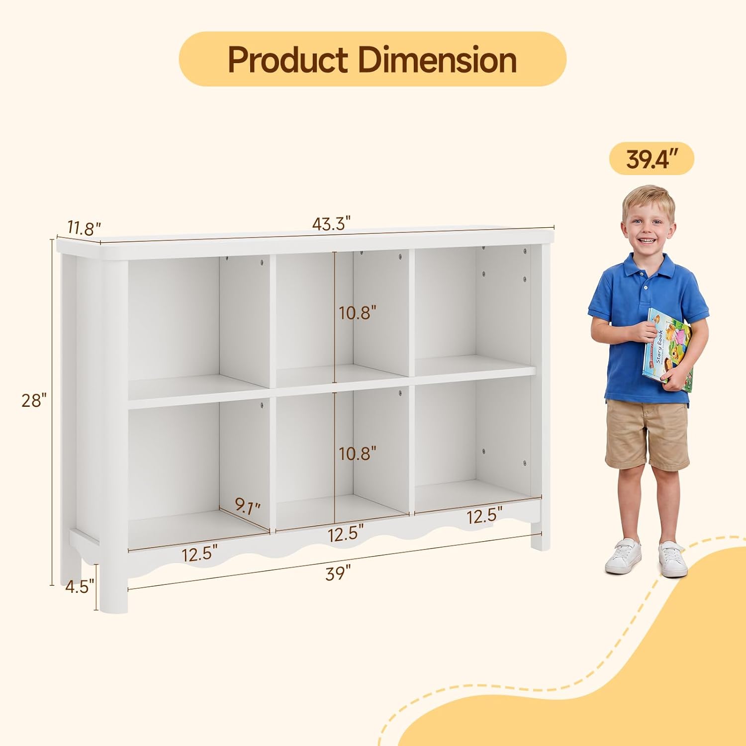 6 Cube Storage Organizer, 28 Inch Kids Low Storage Cabinet, Toddler Toy Storage Bookcase and Bookshelf for Kids Rooms, Playroom, Nursery, Living Room, Rounded Corners & Anti-Tip