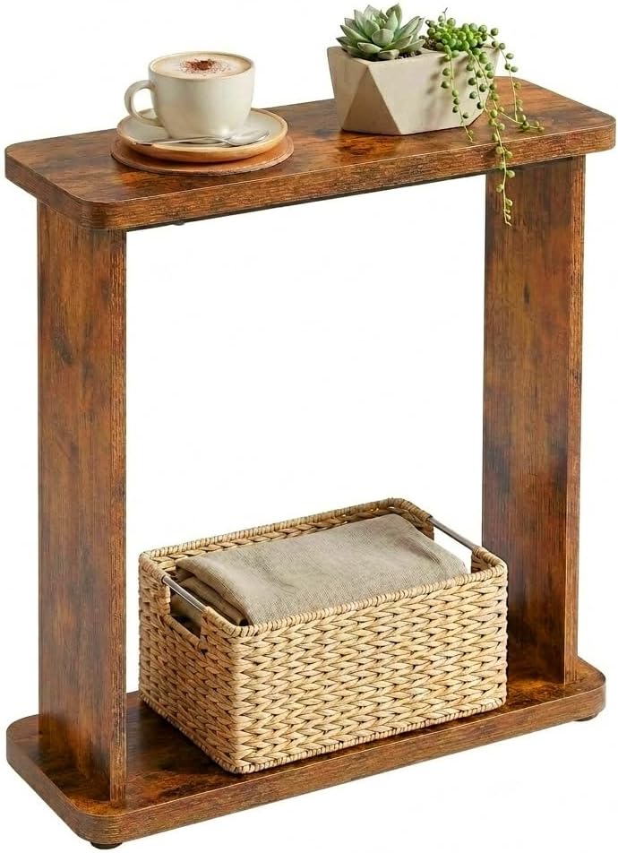 Narrow Side Table for Small Spaces, 7.9" Slim End Table with 2-Tier Open Storage Shelf, Modern Skinny Wood Sofa Table for Living Room, Bedroom, Nightstand, Couch (Rustic Brown)
