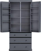 77inch Farmhouse Kitchen Pantry, Freestanding Tall Cupboard Storage Cabinet with 3 Adjustable Shelves, 8 Door Shelves, 3 Drawers for Kitchen, Dining Room, Gray