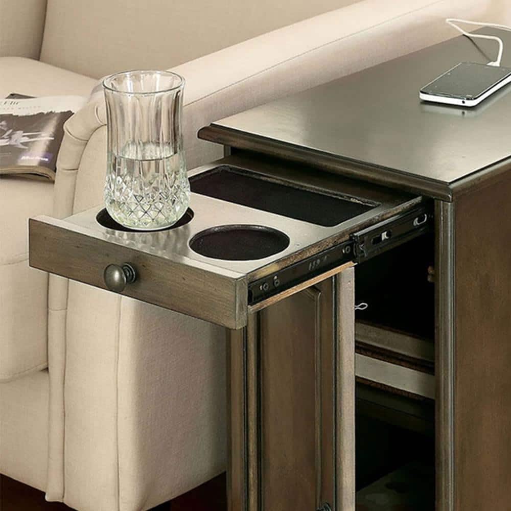 Stylish Modern Transitional Gray Side Table/Nightstand with USB Outlet - Multifunctional Solid Wood Storage Cabinet for Your Home!