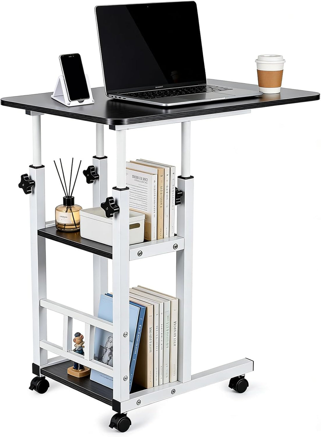Adjustable C Table,Over Bed Table with Wheels,Rolling Side Table, Over Bed Table with Wheels, Bedside Table, for Sofa Side Small Space, Stable Multi Storage Desk, Black
