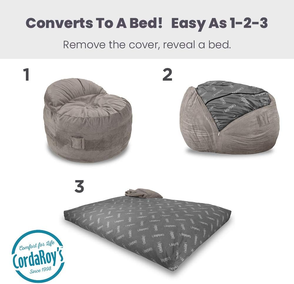 CordaRoy's Chenille Nest Gaming Bean Bag Chair with Controller Pockets and Handle, Convertible Foam-Filled Chair/Queen-Size Lounger, Charcoal