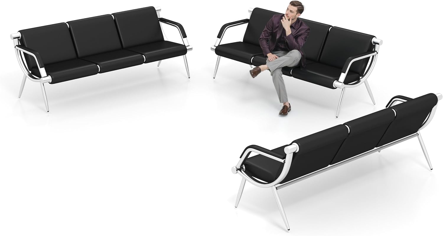 Kinsuite 9-Seat Office Reception Waiting Room Chairs - 3pcs 3-seat Guest & Reception Chairs for Salon Barber Bench Airport Bank Hall Visitor Guest Black PU Leather Office Sofa, Black