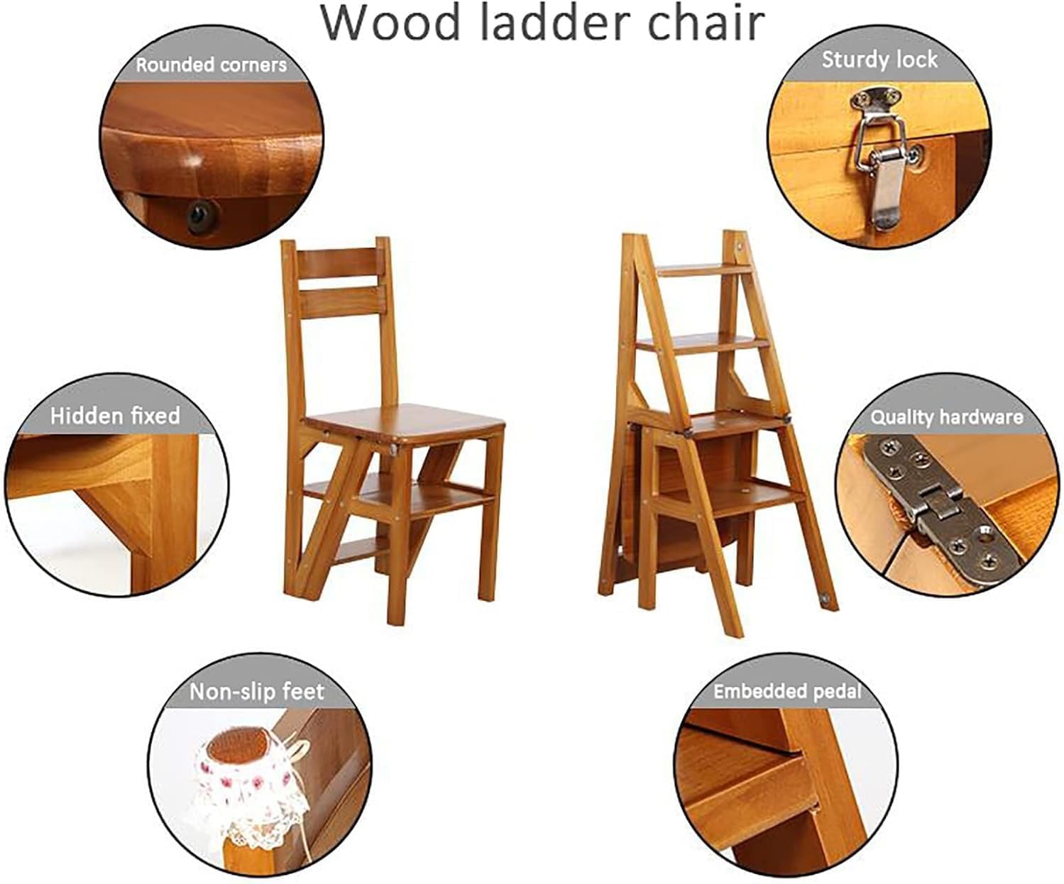 Solid Wood Folding Ladder Chair 4Step Library Ladder Convertible Step Stool Display Stand for Adults(Walnut)