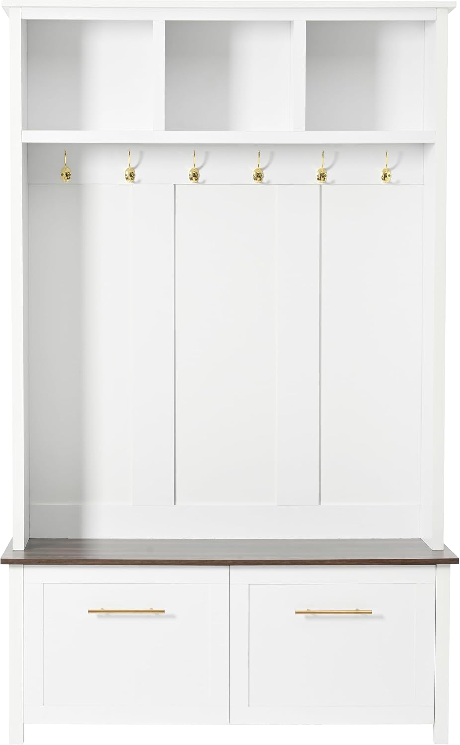 Modern Hall Tree with 6 Golden Hooks, Wood Entryway Coat Hanger with Brown Wood Grain Storage Bench and Top Open Storage Shelves, Versatile 4-in-1 Entryway Coat Rack for Entrance Hallway (White-9.8)
