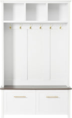 Modern Hall Tree with 6 Golden Hooks, Wood Entryway Coat Hanger with Brown Wood Grain Storage Bench and Top Open Storage Shelves, Versatile 4-in-1 Entryway Coat Rack for Entrance Hallway (White-9.8)