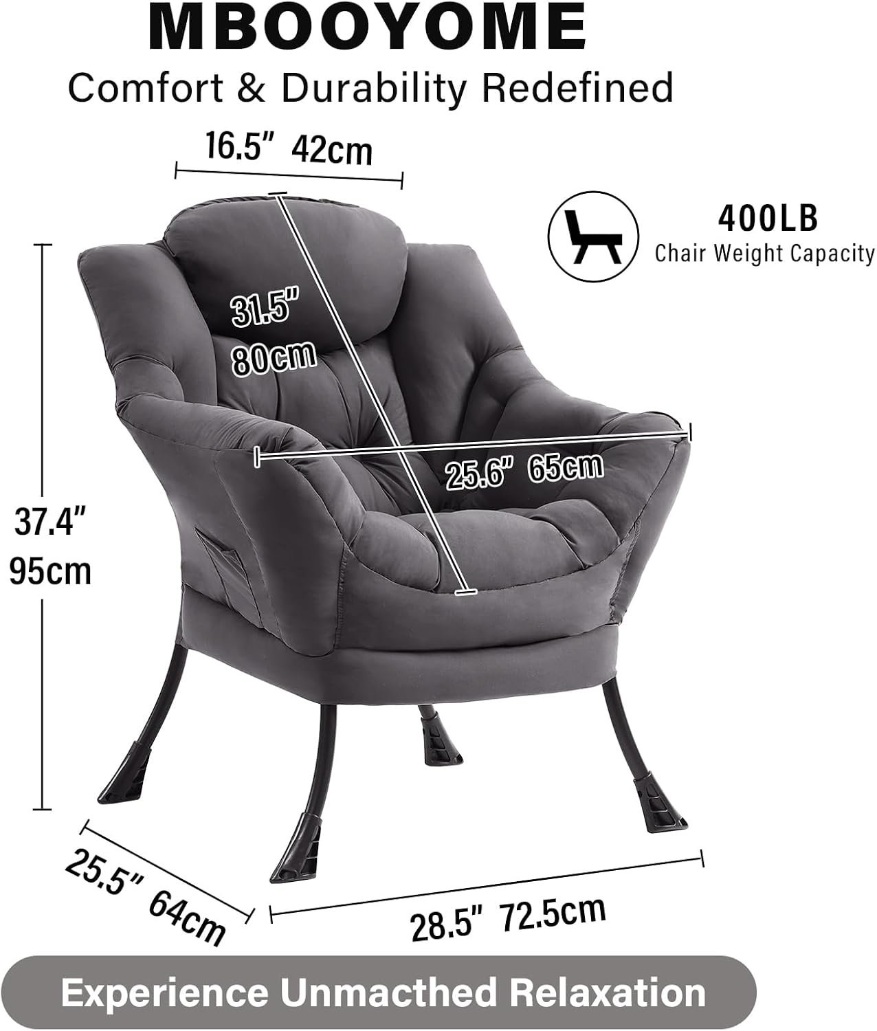 MBOOYOME Lazy Chair, Modern Accent Chair with Armrests, Side Pocket & Metal Frame, Comfy Leisure Chair for Living Room, Bedroom, Dorm & Office, Dark Grey