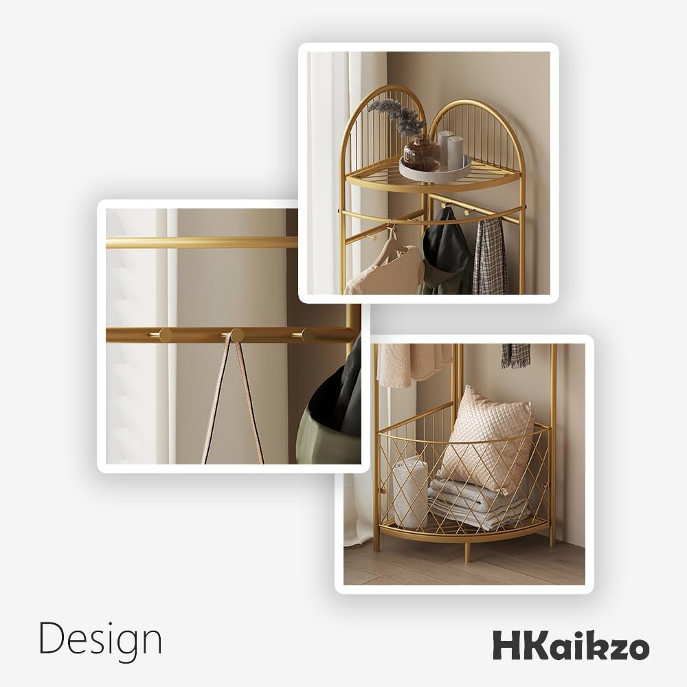 HKaikzo Corner Coat Rack, Gold Clothes Rack with 6 Metal Movable Hooks and Storage Basket Hall Tree Design Clothing Rack for Bedroom Entryway Hallway
