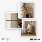 HKaikzo Corner Coat Rack, Gold Clothes Rack with 6 Metal Movable Hooks and Storage Basket Hall Tree Design Clothing Rack for Bedroom Entryway Hallway